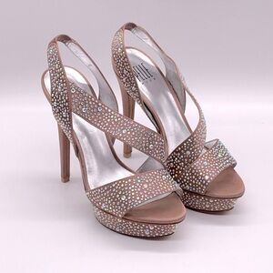 PELLE MODA BLUSH RHINESTONE PLATFORM HEELS.